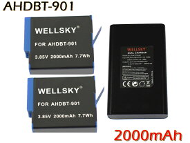 AHDBT-901 互換バッテリー 2000mAh 2個 ＆ [ デュアル] USB Type-C 急速 互換充電器 バッテリーチャージャー 1個 [ 3点セット ] [ 純正品と同じよう使用可能 残量表示可能 ] GoPro ゴープロ HERO 9 / HERO 10 / HERO 11 / HERO 12
