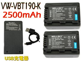 VW-VBT190 VW-VBT190-K 互換バッテリー 2500mAh 2個 ＆ [ 超軽量 ] USB Type-C 急速 互換充電器 バッテリーチャージャー VW-BC10 VW-BC10-K 1個 [ 3点セット ] [ 純正品と同じよう使用可能 残量表示可能 ] Panasonic パナソニック HC-WX995M HC-VX992M HC-WZ590M