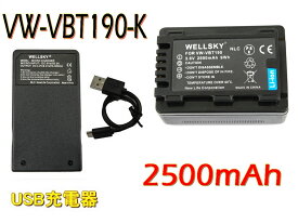 VW-VBT190 VW-VBT190-K 互換バッテリー 2500mAh 1個 ＆ [ 超軽量 ] USB Type-C 急速 互換充電器 バッテリーチャージャー VW-BC10 VW-BC10-K 1個 [ 2点セット ] [ 純正品と同じよう使用可能 残量表示可能 ] Panasonic パナソニック HC-V520M HC-V550M HC-WX2M