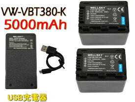 VW-VBT380 VW-VBT380-K 互換バッテリー 5000mAh 2個 ＆ [ 超軽量 ] USB Type-C 急速 互換充電器 バッテリーチャージャー VW-BC10 VW-BC10-K 1個 [ 3点セット ] [ 純正品と同じよう使用可能 残量表示可能 ] Panasonic パナソニック HC-W590M HC-WZ590M HC-WX2M HC-WZX2MS