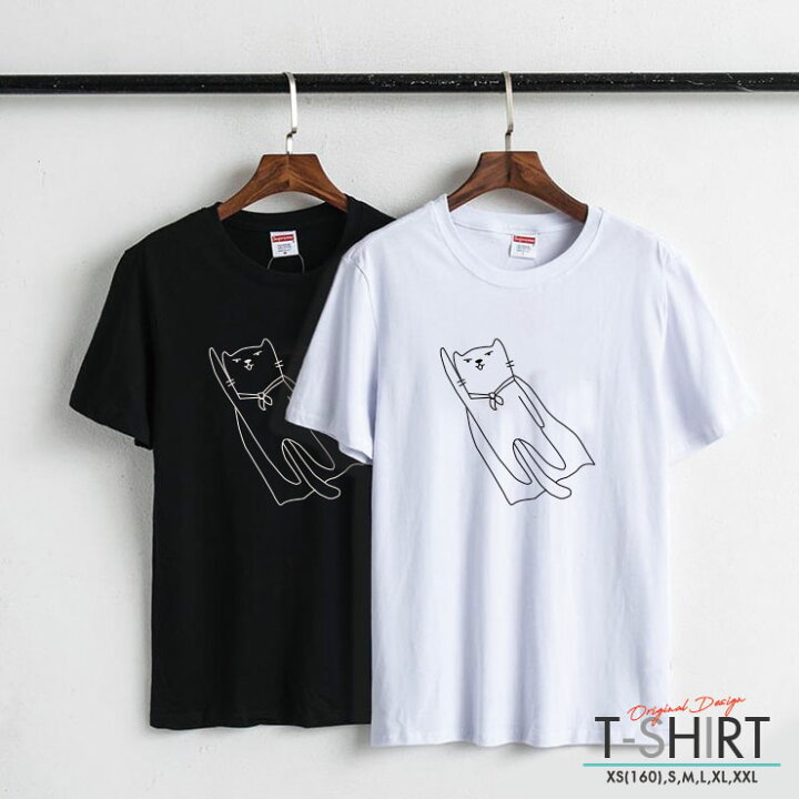 楽天市場 Tシャツ レディース メンズ クルーネック 丸首 綿 半袖 カットソー 大人かわいい オシャレ かっこいい ペア カップル おそろ リンクコーデ 猫 ねこ ネコ ヒーロー 空飛ぶ猫 イラスト 白黒 モノクロ おもしろ No Other