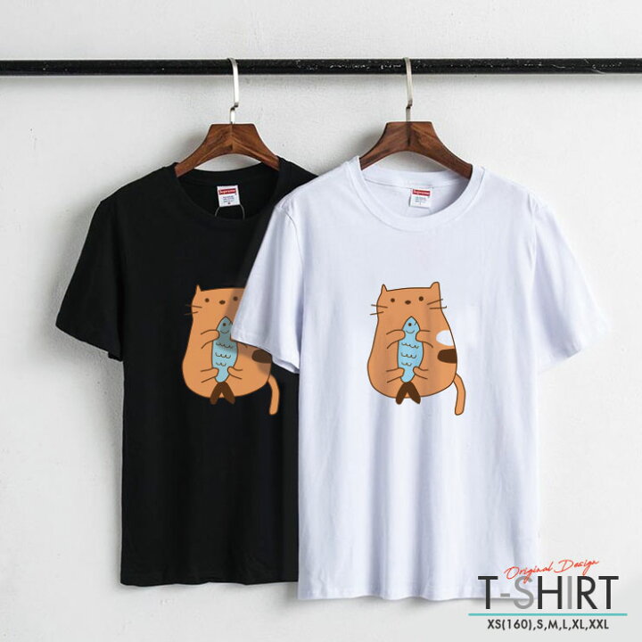 楽天市場 Tシャツ レディース メンズ クルーネック 丸首 綿 半袖 カットソー 大人かわいい オシャレ かっこいい ペア カップル おそろ リンク コーデ 猫 ネコ ねこ ゆるキャラ にゃんこ お魚捕まえたネコ No Other