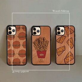iPhone15 木製 ウッド ケース iPhone15 pro Plus max iPhone14 pro カバー iPhone13 iPhone12 SE3 第3世代 ケース 天然木 シリコン TPU 耐衝撃 ハンバーガー ポテト チーズ 卵 コーヒー ピザ 食べ物 総柄