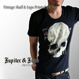 メール便(追跡サービス付き)発送可Jupiter&Juno(ジュピターアンドジュノ)Vintage Skull & Logo Printed Short Sleeve Tee(ヴィンテージスカル＆ロゴプリント半袖 Tシャツ)