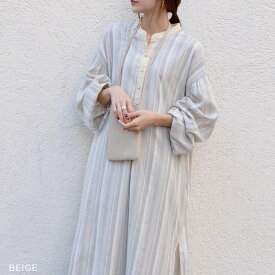 《クーポンで30％OFF→5,530円》ロングシャツワンピース ストライプ レディース ボリューム袖 ロング丈 綿 織り柄 ワンピース ゆったり 前開き ママ ベージュ ブラウン 春 ノアル s_sale【予約 ベージュ：5月9日から3営業日で発送】