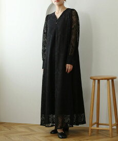 NOAHL｜《5,880円→40％OFFクーポン利用》クロシェ編み ワンピース レディース ワンピース レイヤード 重ね着 Vネック フレア ベージュ ブラック 黒 240807