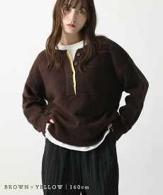 NOAHL｜《70％OFFクーポン対象》鹿子編み ヘンリー ニット 配色 プルオーバー トップス レディース 長袖 ヘンリーネック 無地 ニットプルオーバー ニットトップス アイボリー グレージュ ブラウン イエロー 秋 冬 春 ノアル 251126