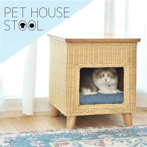 ラタン×天然木 ペットハウス / キャットハウス 猫ハウス 室内 ドーム型 座れる 猫ちぐら おしゃれ ラタン 籐 家具 猫用ハウス 小さい コンパクト 木製 天板付き かわいい クッション付き 猫