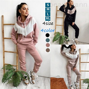 THOM WILLS セットアップ レディース 秋冬 ジャージスウェット 2点セット 上下セット パーカー 長袖 フード付き ロングパンツ 無地 トレーニングウェア ルームウェア 部屋着 暖かい 着痩せ 韓国