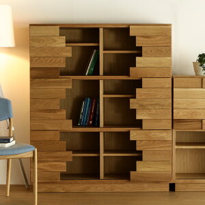 シェルフ 115cm 3段 オーク ブックシェルフ ハイシェルフ リビングボード キャビネット ラック 天然木 木製 高級 送料無料 互い違い 凹凸 北欧 オフィス 完成品 無垢 大川家具 野中木工所 国産