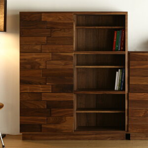 シェルフ 115cm 3段 ウォールナット ブックシェルフ ハイシェルフ リビングボード キャビネット ラック 天然木 木製 高級 送料無料 互い違い 凹凸 北欧 オフィス 完成品 無垢 大川家具 野中木