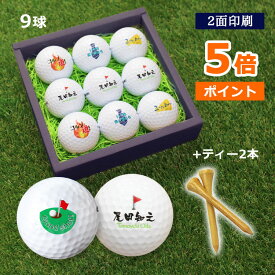 即日発送 ゴルフボール 名入れ (2面印刷) 9個＆ ティー 2本 セット / 名入れ ゴルフボール プレゼント ギフト ボール 名前入り ホールインワン 記念品 父の日 還暦 退職祝い ブリヂストン スリクソン タイトリスト ゴルフ好き 嬉しい 男性 敬老の日 古希 喜寿 ゴルフグッズ