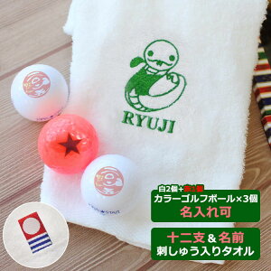 ゴルフボール 名入れ ギフト2点セット / 十二支ゴルファーVer.今治タオル(刺しゅう入り)+ 名入れ カラー ゴルフボール 十二支デザイン【白】2個【赤★】1個(計3個)/ ゴルフボール 名前