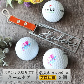 ＜プロ仕様＞ ゴルフネームプレート 名入れ 【ステンレス切り文字 ネームタグ＆プロ仕様 名入れゴルフボール 3個セット】 本革ベルト / ネームタグは漢字版と英字版から選択可能 / 名前だけのシンプルデザイン / ゴルフボール 父の日 プレゼント 退職祝い 還暦祝い