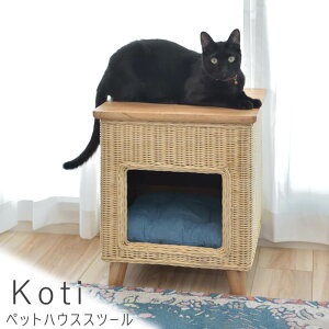 ペットハウススツール ペットハウススツール スツール テーブル ペットハウス ペットベット 犬 猫 ペット クッション付き 脚付き 天板付き 天然木 木製 ラタン 籐 かわいい 収納 スクエア ナ