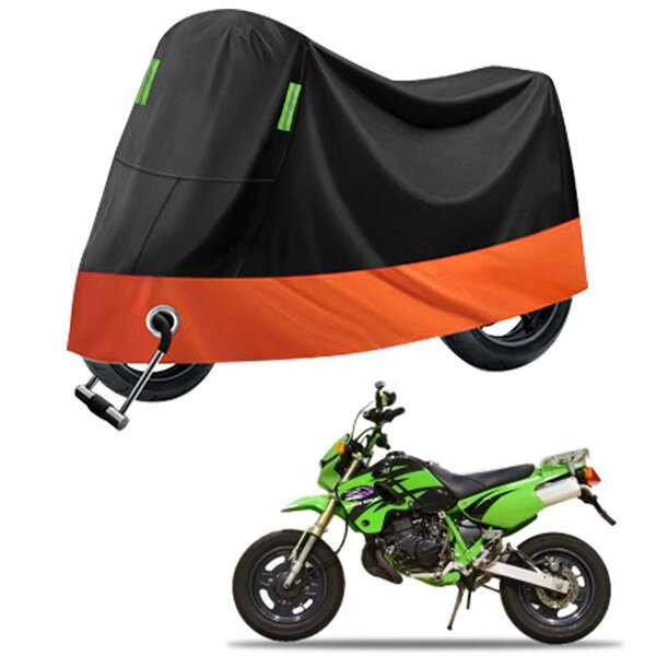 2025新版 バイクカバー に適用カワサキ KSR-2（KSR80) KSR-U【アルミホイル＋ニードルパンチコットン】全天候型 厚手 210Dオートバイカバー バイク レインカバー 破れにくい 防雨 防雪 防塵 盗難防止 UVカット 反射ストリップ付き ロック穴 収納袋付き  ブラック+オレンジ