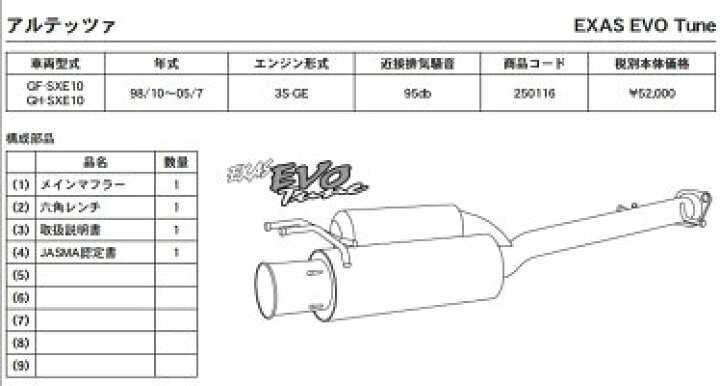 楽天市場】GP SPORTS EXAS EVO Tune マフラー アルテッツァ SXE10 