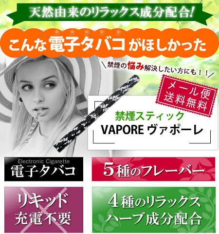禁煙サポートハーブ入り電子タバコVAPOREヴァポーレ【メール便送料無料】全5種(電子たばこビタミン使い捨て水蒸気スティック禁煙パイポ)
