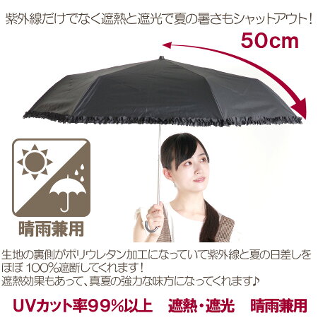 【即納】フリル遮光折りたたみ傘レディース晴雨兼用折りたたみ日傘雨傘両用3つ折6本骨ホワイトネイビーブラックUVカット99%紫外線対策紫外線カット遮熱熱中症対策雨おしゃれコンパクトギフト母の日