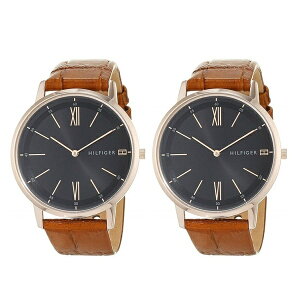 【ペア収納ケースつき】トミーヒルフィガー 腕時計 手表 ペアウォッチ ペアルック 黒文字盤 ブラウンレザー 同じサイズ おそろいペア スリム とけい 17915161791516 ビジネス ペアセット カップ