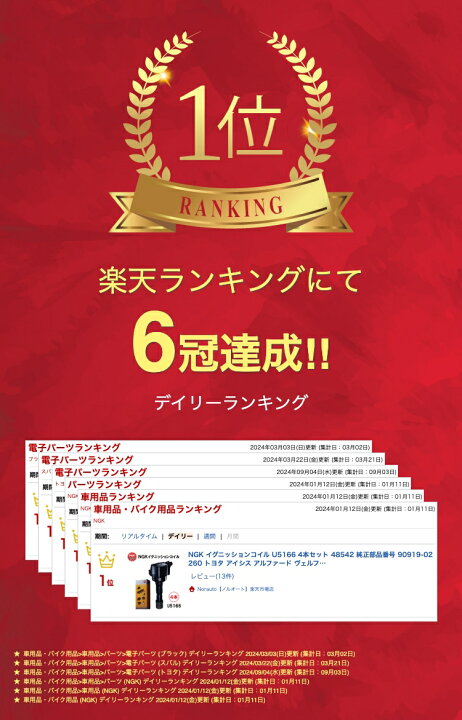 楽天市場】NGK イグニッションコイル U5166 4本セット 48542 純正部品 