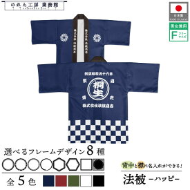 【ポイント3倍】はっぴ 法被 オーダー 名入れ 名前入れ 文字入れ 5色 8種 フレーム 帆前掛け風 紺 エンジ 緑 白 黒 フリーサイズ イベント 祭 業務用 店舗用 飲食店 居酒屋 酒屋 酒店 米屋 米店