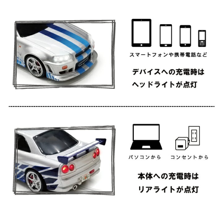 楽天市場 車型モバイルバッテリー 日産スカイライン Gt R Bnr34 ワイルド スピードx2 シルバー ブライアン仕様 4500mah ワイスピ ノリモノ 楽天市場店