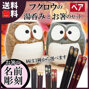 名入れ ギフト プレゼント ふくろう 湯呑 夫婦箸 ペア セット 若狭塗 結婚祝い 誕生日 記念品 記念日 還暦