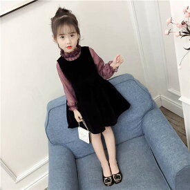 子供ワンピース 二点セット キッズ 子供服 セットアップ Aライン 無地 ワンピース キッズドレス かわいい 春 秋 エレガント 韓国風 おしゃれ 薄手 柔らかい 体型カバー ガールズ プリンセス ジュニア 女児 お嬢様風 女の子 カジュアル パフスリーブ TZ-273