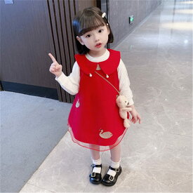 二点セット キッズ セーター+レッドジャンパースカート ホワイト ブラック ラペル アヒル柄 子供服 女の子 ファッション きれいめ 結婚式 カジュアル おしゃれ 女児 可愛い お出かけ 80-130 TZ-1068