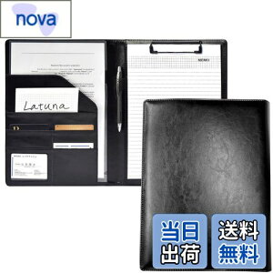 【送料無料】Latuna バインダー A4 クリップボード ファイル 2つ折り 革 クリップ 贈り物 PU 名刺入れ 多機能 プレゼント ペンホルダー ポケット付き (ブラック, PUレザー)