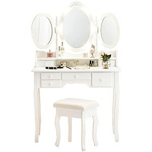 【送料無料】萩原(Hagihara) ドレッサー 三面鏡 化粧台 女優ミラー LEDライト 猫脚 調光 明るさ 無段階 高光度 北欧風 幅90 奥行42 高さ144 1台 ホワイト MD-6729WH