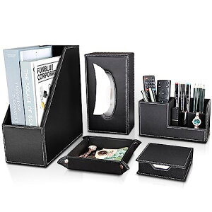 【送料無料】KINGFOM 5件セッ ト オフィスアクセサリー 多機能テスクオーガナイザセット PUレザー ティッシュケース ファイルボックス バレットトレイ 収納ボックス 付箋ケース(ブラック)