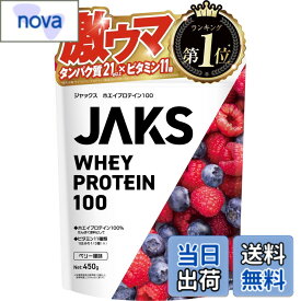【送料無料】ジャックス JAKS プロテイン ホエイ 450g 国内製造 おいしい 1食分のビタミン11種類 オールインワン配合 高たんぱく質 粉末 WPCプロテイン 溶けやすい (450g, ベリー風味)