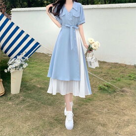 【マラソン限定★P5倍＆クーポン】ワンピース ロング丈 夏ワンピ レイヤード シャツ Vネック フレンチスタイル 半袖 ウエストマーク 大人可愛い 体型カバー おすすめ きれいめ 可愛い 体型カバー おしゃれ ファション 透け感 旅行 アウター 2025新作