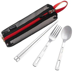 アウトドア用カトラリーセット スプーン/フォーク/箸 食器3点セット ステンレス製 専用メッシュポーチ付 軽量コンパクト 携帯便利 マイ箸 BBQやキャンプに最適 FMTHAS03S