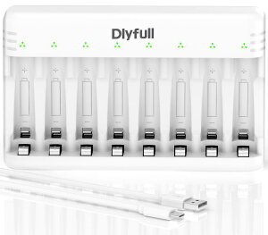 Dlyfull 電池充電器 単4 単3 充電池 充電器、USB Type-C入力 8スロット単三 単4 充電器/充電式ニッケル水素電池 充電器/ニカド充電池に対応 同時充電 LEDライト 単3 バッテリー 充電器 エネループ