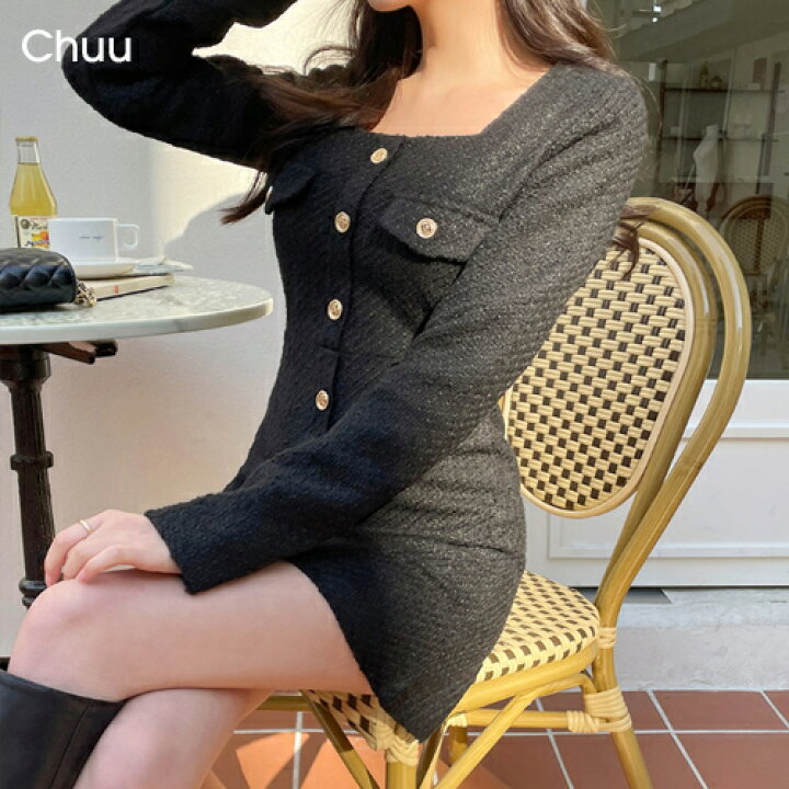 韓国　服　レディース　ツイード　ミニワンピース　丸襟コート　ミニスカート