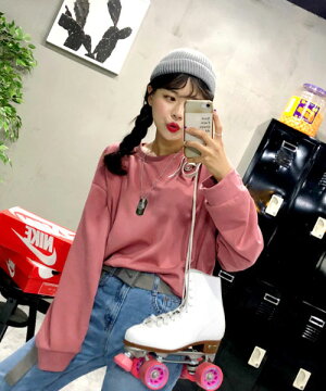 MERONGSHOP(メロンショップ)メロンコットンワイドトレーナー【8/8up_wo】韓国韓国ファッショントップストレーナーTシャツカットソーワイドゆったり大きいサイズオーバーサイズカラートレーナーペアルック双子コーデレディースファッション【5】※メール便不可