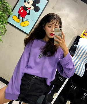 MERONGSHOP(メロンショップ)メロンコットンワイドトレーナー【8/8up_wo】韓国韓国ファッショントップストレーナーTシャツカットソーワイドゆったり大きいサイズオーバーサイズカラートレーナーペアルック双子コーデレディースファッション【5】※メール便不可