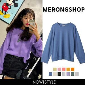 MERONGSHOP(メロンショップ)メロンコットンワイドトレーナー【8/8up_wo】韓国韓国ファッショントップストレーナーTシャツカットソーワイドゆったり大きいサイズオーバーサイズカラートレーナーペアルック双子コーデレディースファッション【5】※メール便不可