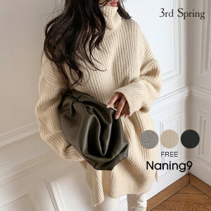 NANING9(ナンニング)オーバーフィットリブニット【10/25up_go】【送料無料】韓国韓国ファッションタートルネックニットリブ編みセーターロング丈トップスリブニットロングニット秋冬カジュアルチュニックハイネックレディースファッション【5】