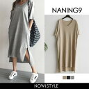 NANING9(ナンニング)Tシャツロングワンピース【7/14up_go】韓国 韓国ファッション　ワンピース ロング丈 半袖 Vネック Tシャツ ロングワンピー... ランキングお取り寄せ