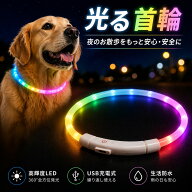 光る首輪 犬 LED 首輪 レインボー 虹色 USB充電式 Type-C サイズ調整可 カットOK 軽量 防水 360度発光 3…