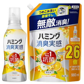 まとめ買いハミング消臭実感 柔軟剤 つめこみ洗いも、部屋干しも、無敵消臭オレンジ＆フラワーの香り 本体510ml＋つめかえ用980ml