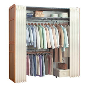 木製伸縮式クローゼットハンガー棚付き 【送料無料】 部屋のスペース合わせて最大約190cmまで伸縮可能なハンガーラック 伸縮式ワードローブ 壁面ハンガーラック