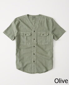 【5月中はエントリーで必ずP10倍!!】 Abercrombie＆Fitch (アバクロンビー＆フィッチ) リネン ブレンド ベースボール 半袖シャツ (Linen-Blend Baseball Shirt) メンズ (Olive) 新品