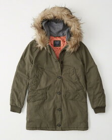 [エントリーでP最大13倍] Abercrombie＆Fitch (アバクロンビー＆フィッチ) 正規品 ファーフード付ミリタリージャケット (Twill Parka) レディース (Olive Green) 新品