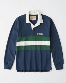 Abercrombie＆Fitch 正規品 (アバクロンビー＆フィッチ) ロゴ刺繍 ラグビーポロシャツ(長袖) (Graphic Logo Rugby Polo) メンズ (Dark Blue) 新品