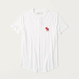 【6月中はエントリーで必ずP10倍!!】 Abercrombie＆Fitch 正規品 (アバクロンビー＆フィッチ) ビックムース ヘンリーネック半袖Tシャツ (Short-Sleeve Exploded Icon Henley) メンズ (White) 新品 (softA&F)